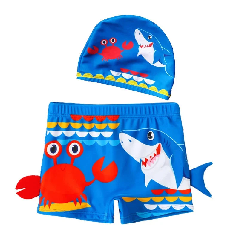 Fast-dry boys' swim shorts - cartoon crab and shark print 2pc set, polyester, for swimming and beach days