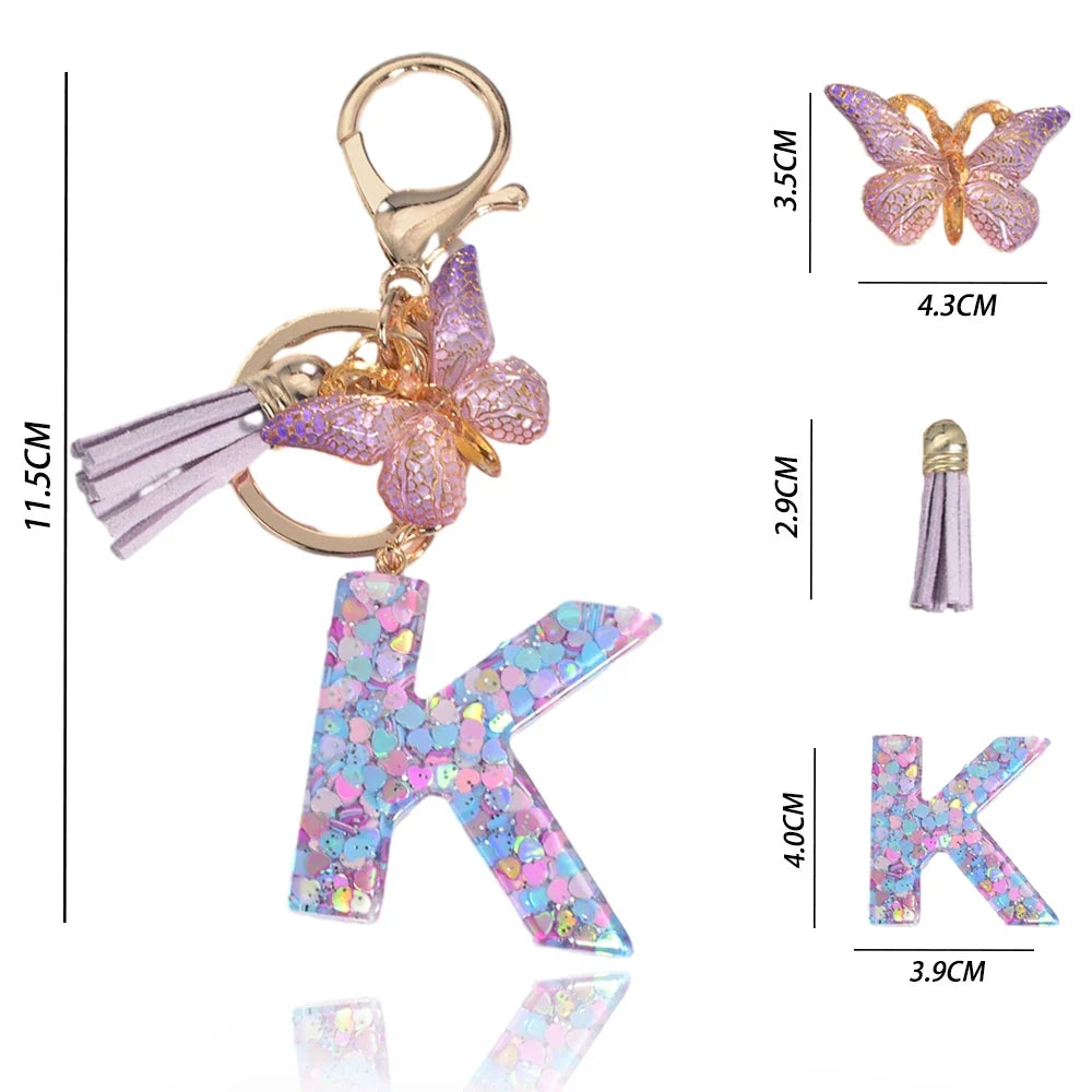Letter Sequin Keychain With Butterfly Tassel Charm