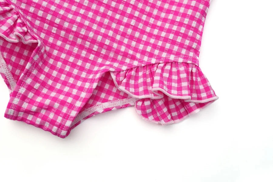 Fast-Dry Unisex Kids Swimsuit - One-Piece Gingham Plaid, Polyester, For Summer Vacation