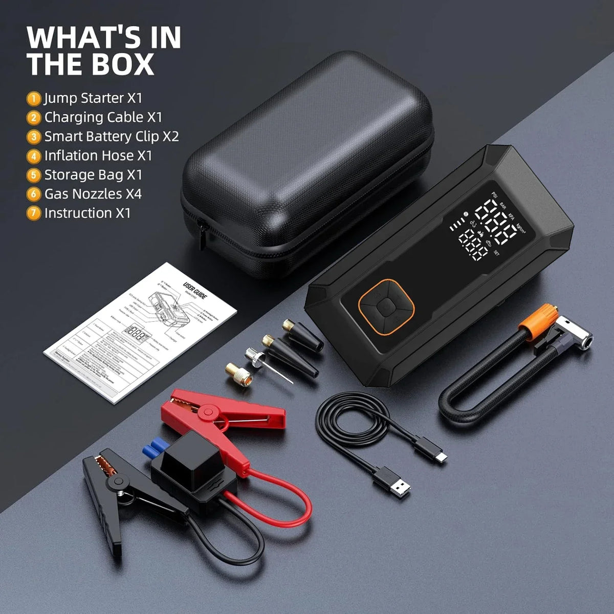 Car2025 Edition Jump Starter All-In-One Air Pump Tire Inflator Travel-Friendly Power Bank LED Light Fall
