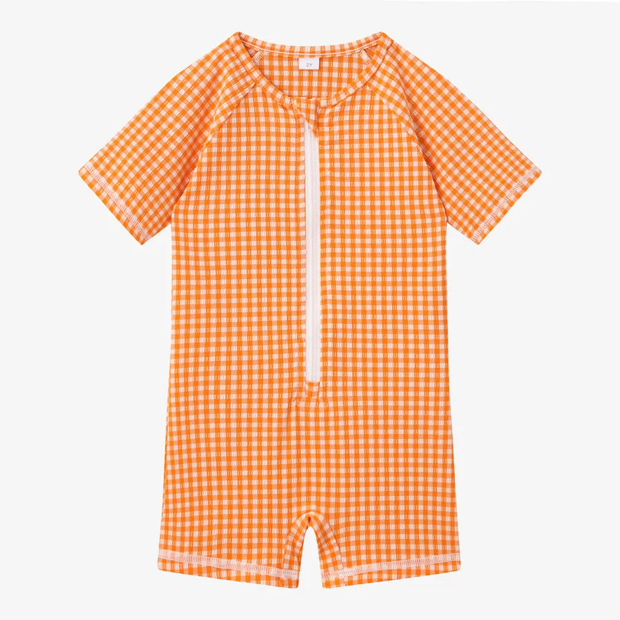 Fast-Dry Unisex Kids Swimsuit - One-Piece Gingham Plaid, Polyester, For Summer Vacation