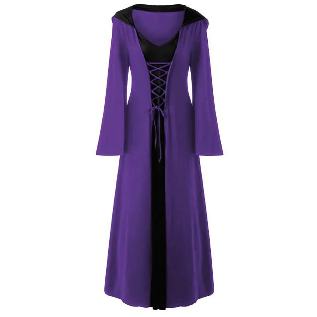 Women's Lace-Up Hooded Medieval Vampire Witch Cloak Robe - Great Halloween Costume for Themed Events