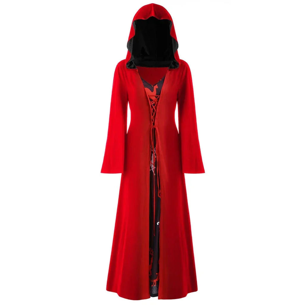 Women's Lace-Up Hooded Medieval Vampire Witch Cloak Robe - Great Halloween Costume for Themed Events