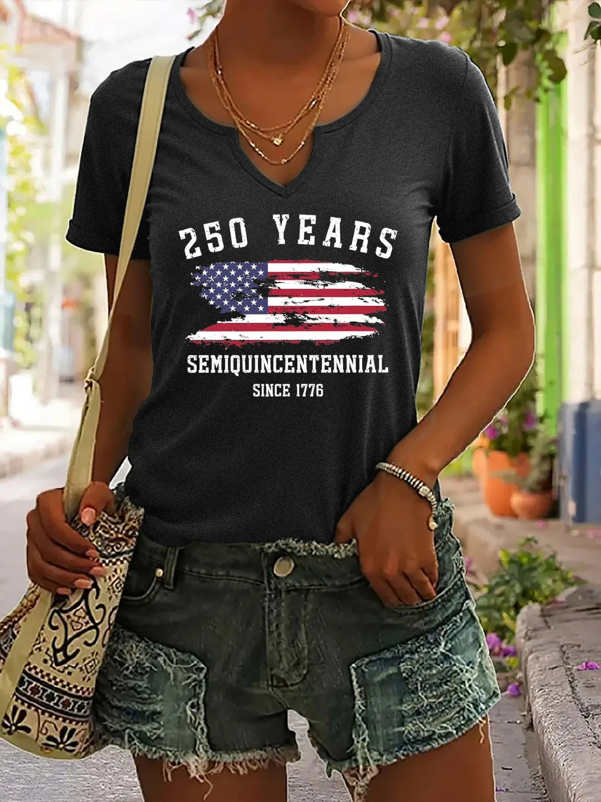 Plush Women's V-Neck T-Shirt - Short Sleeve, Patriotic Semiquincentennial Flag Print, Casual Top