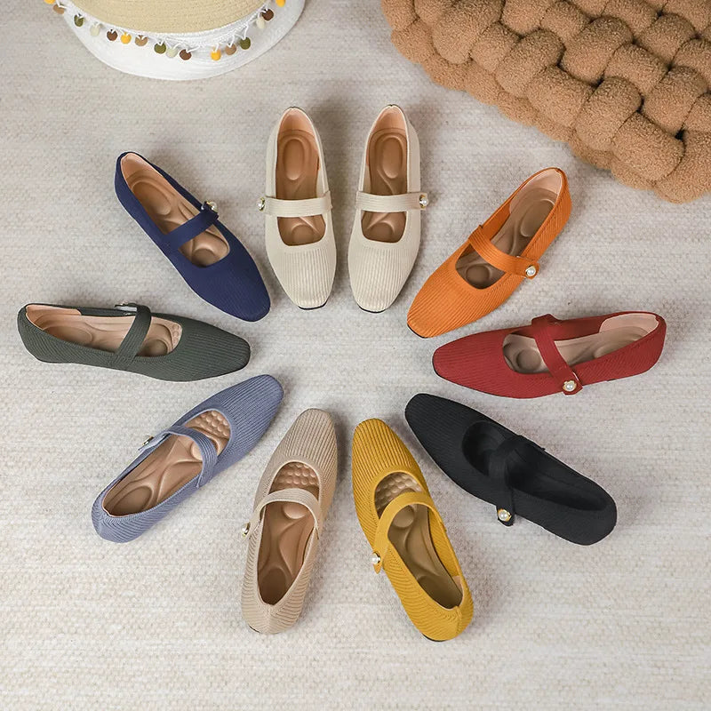 Women Stretchy Mary Jane Flats - Ribbed Knit For Spring
