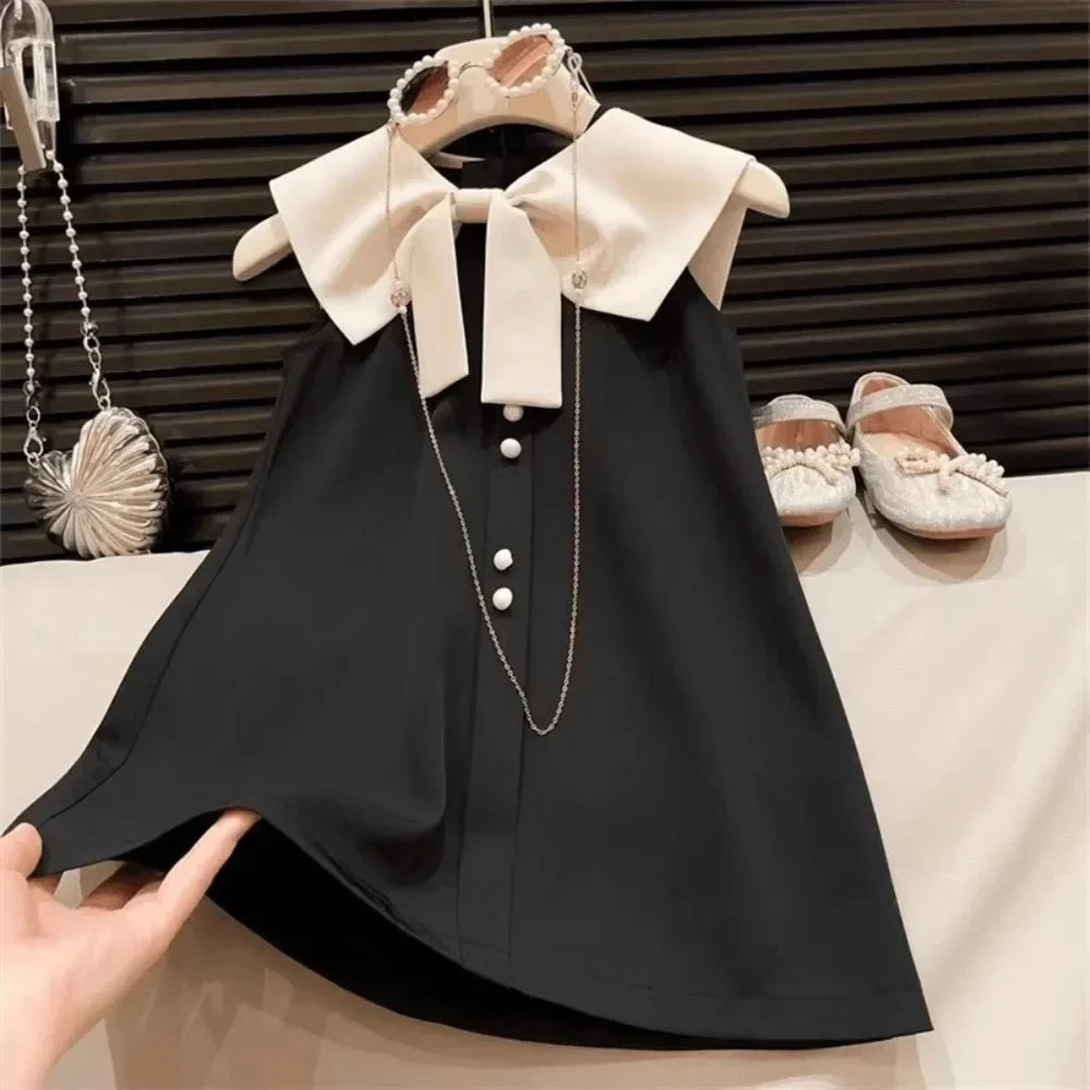 Plush and flattering girls' knee-length dress - sleeveless, bow-collar, polyester, birthday party