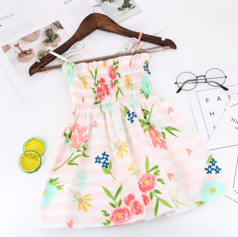 Plush girls' floral sundress - smocked bodice, polyester, for casual beach party