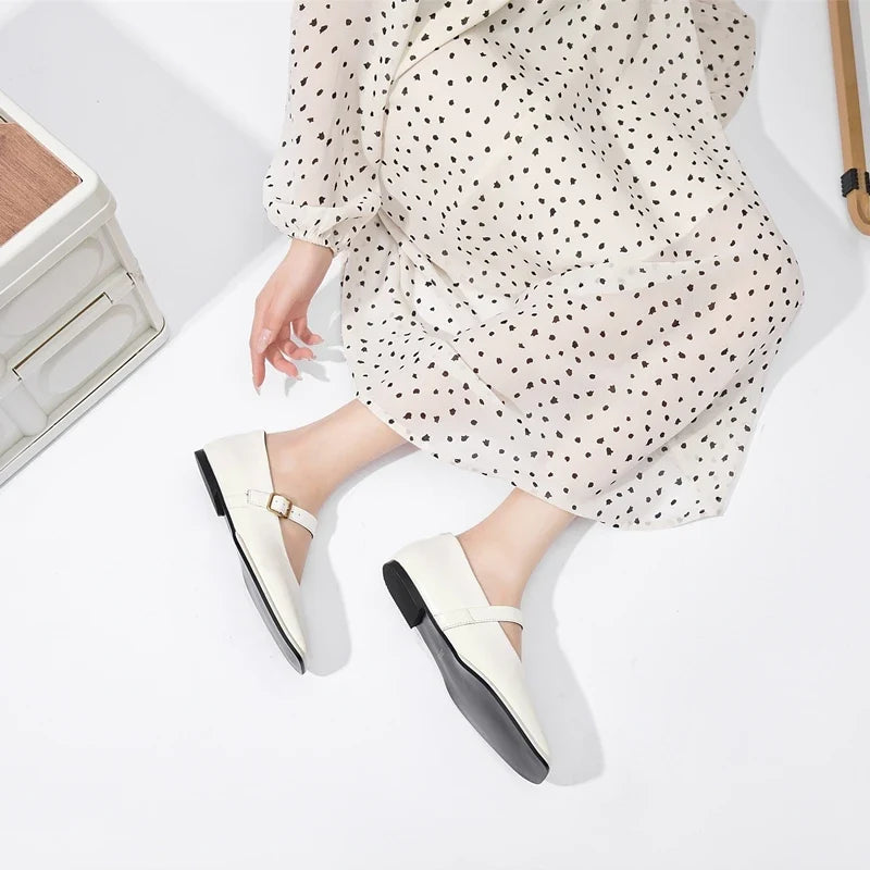 Women Supportive Mary Jane Flats - Square Toe, Leather