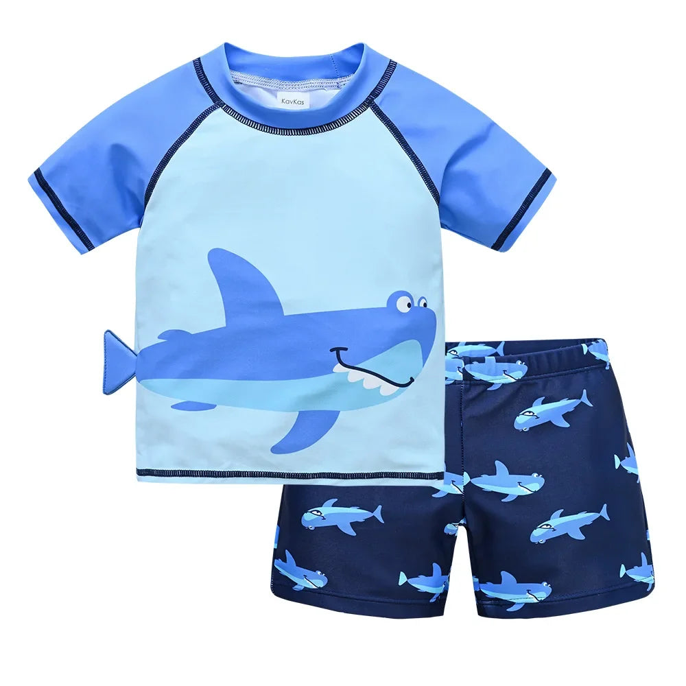Fast-Dry Boys Swimwear - Two-Piece Cartoon Print Kit, Polyester/Nylon/Spandex, Summer Beachwear