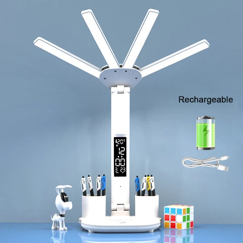 Battery-Powered Desk Lamp LED With Fan And Clock Display Study Light Back To School 2025 Travel-Friendly Flexible Brightness