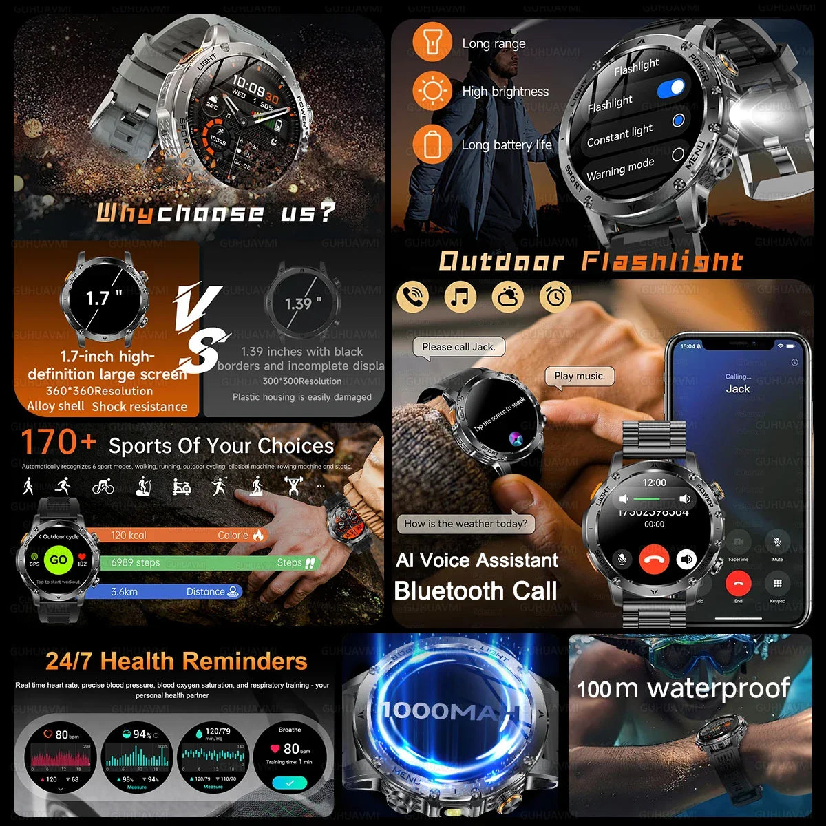 Smart Watch Military Grade Outdoor Fitness Tracker 10ATM Water-Resistant 100 Plus Sports Modes Fall 2025 Gift