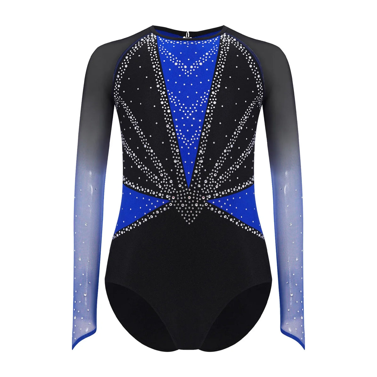 Girls' Stretchy Leotard - flattering, rhinestone-detailed, long-sleeve, mesh-panel, polyester elastane, for gymnastics