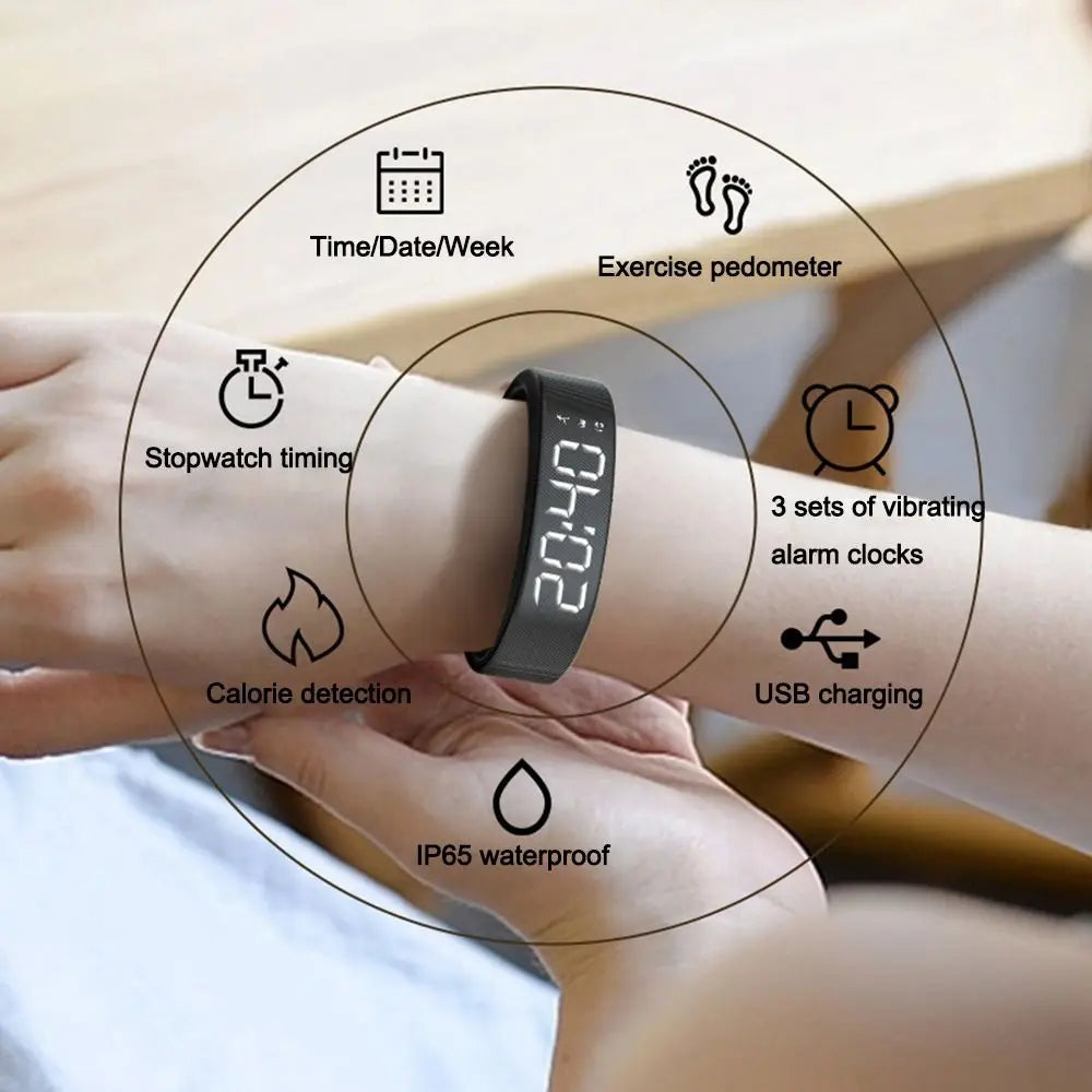 LED Digital Alarm Clock Bracelet Wristband Pedometer Water-Resistant Vibrating Alarm Summer 2026 Gift