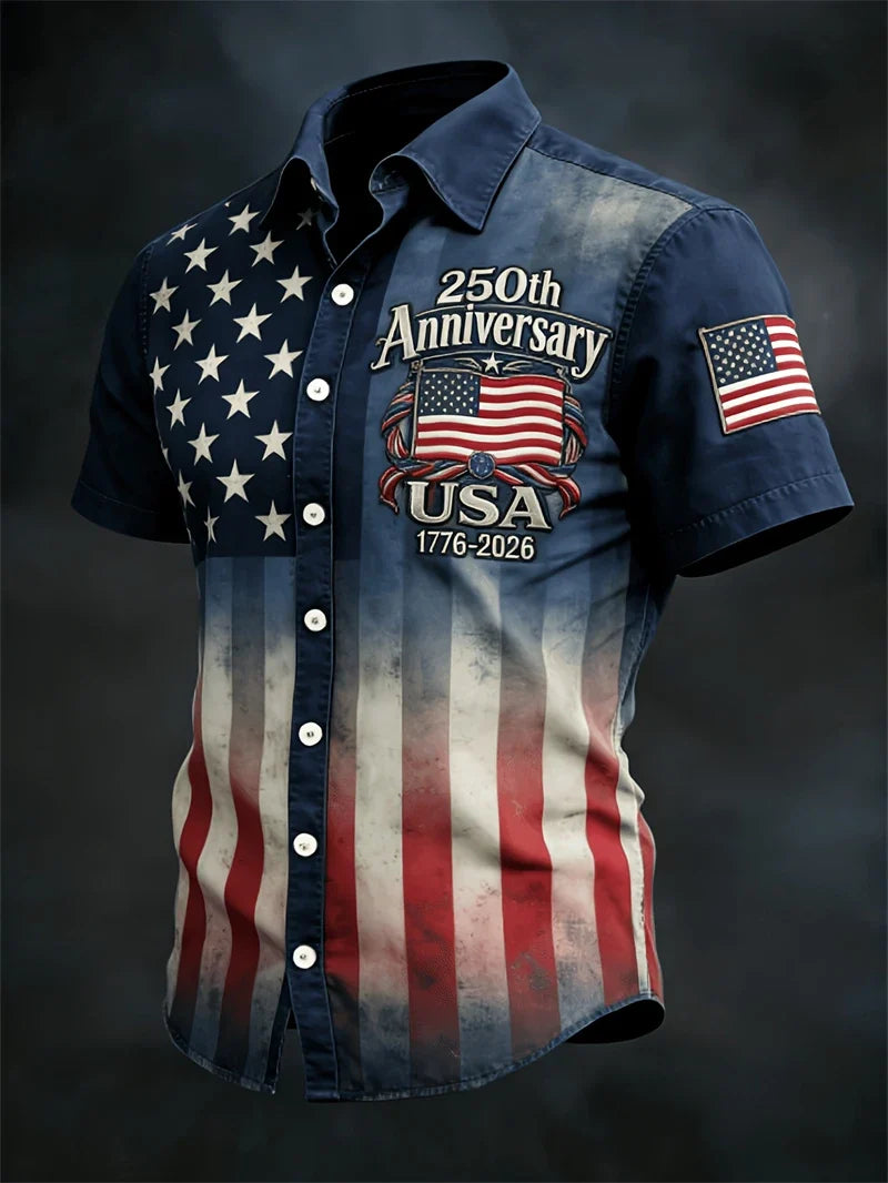 Plush Men's Hawaiian Shirt - Casual Short-Sleeve, 250th Anniversary USA Flag Design, Fourth Of July