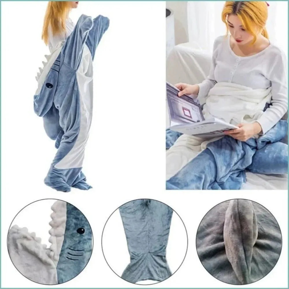 Shark Cartoon Flannel Sleeping Bag Pajamas - Hooded Cozy Animal Nightgown for Kids