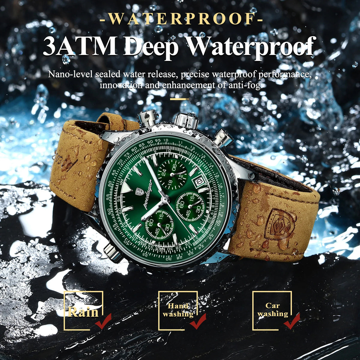 Quartz Chronograph Watch Water-Resistant Luminous Date Leather