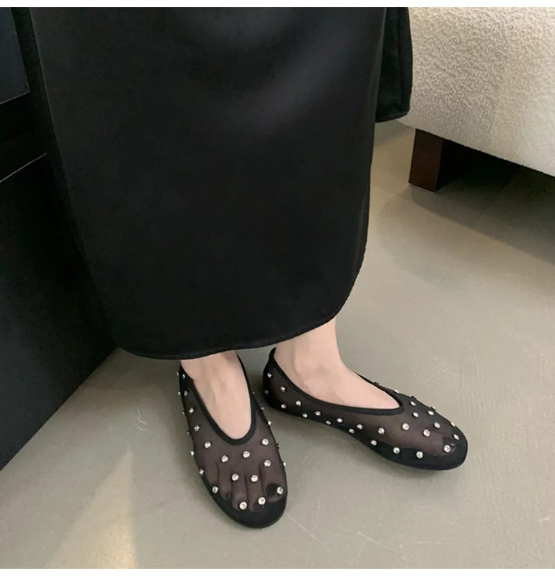 Women Breathable Ballet Flats - Mesh Crystal, Casual Walking