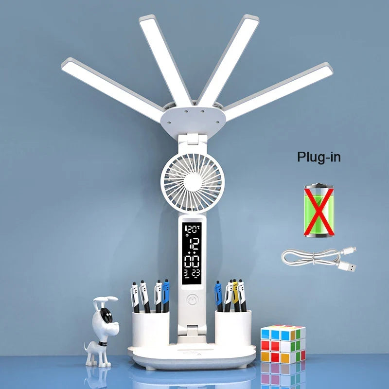 Battery-Powered Desk Lamp LED With Fan And Clock Display Study Light Back To School 2025 Travel-Friendly Flexible Brightness