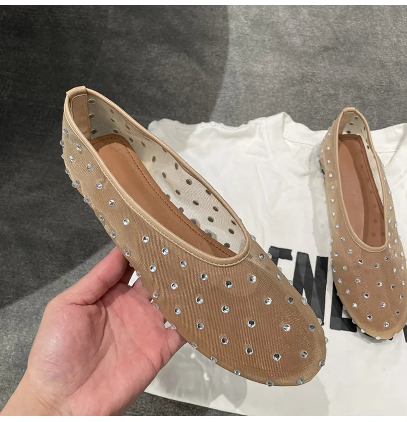Women Breathable Ballet Flats - Mesh Crystal, Casual Walking