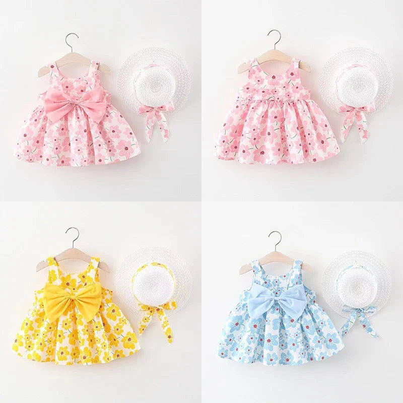 Plush baby girls dress - sleeveless, floral bow-embellished, cotton-polyester blend, for summer outings