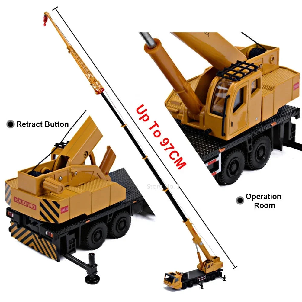 Alloy Scale Diecast Engineering Crane Toy - 360° Rotating, Four-Wheel Steering Model for Kids