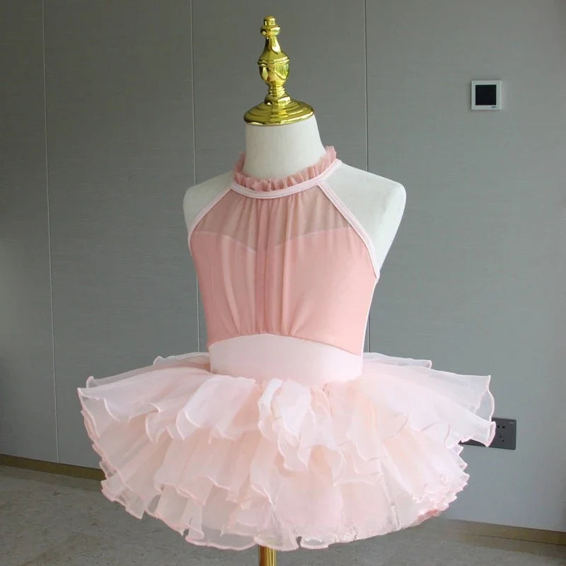 Light girls ballet leotard set - puff-sleeve top, tulle tutu skirt, polyester, for dance class