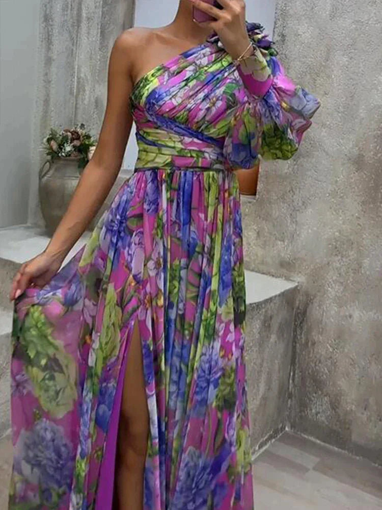 Lilac Maxi Dress with Side Slit and Capucine Print, Elegant Long Dress for Women, Fluid Fabric for Casual and Formal Occasions-2