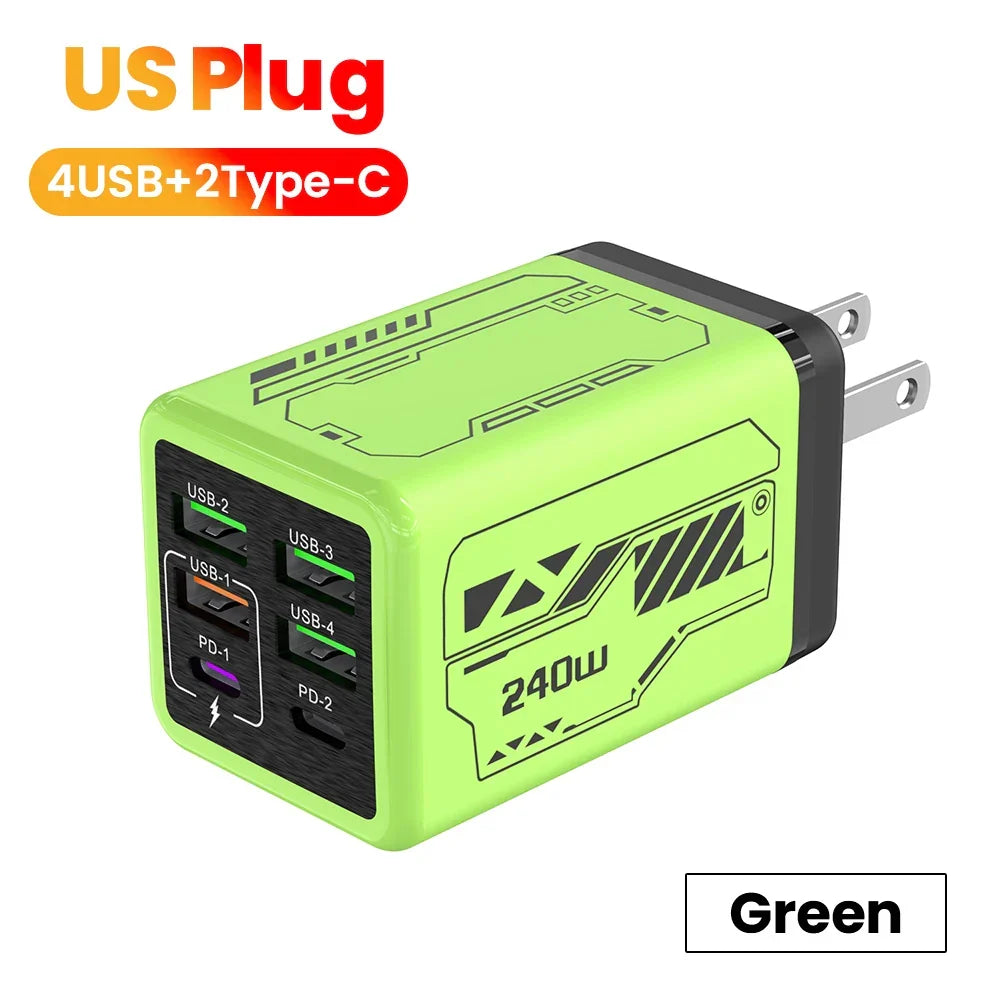 USB2026 Edition C Charger 6-Port Fast Charge, 4 USB A 2 Type-C PD3.0, EU UK US Plug, Back to School