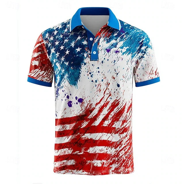 Light men's polo shirt - graphic flag print, cotton, casual summer wear for outdoor events