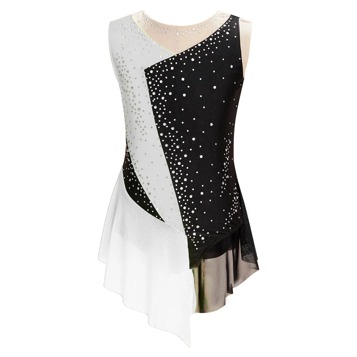girls' Stretchy leotard - rhinestone mesh yoke, sleeveless, polyester, nylon, elastane, for lyrical dance performance