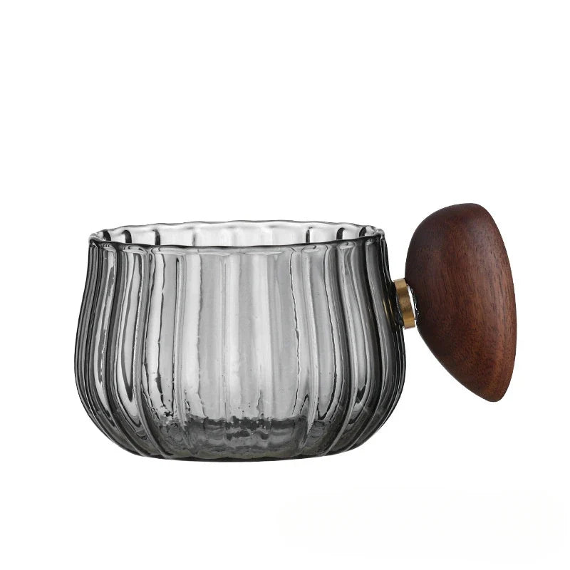 Heat-resistant Stripe Glass Coffee Mug 200ml with Wooden Handle for Latte, Milk, Tea
