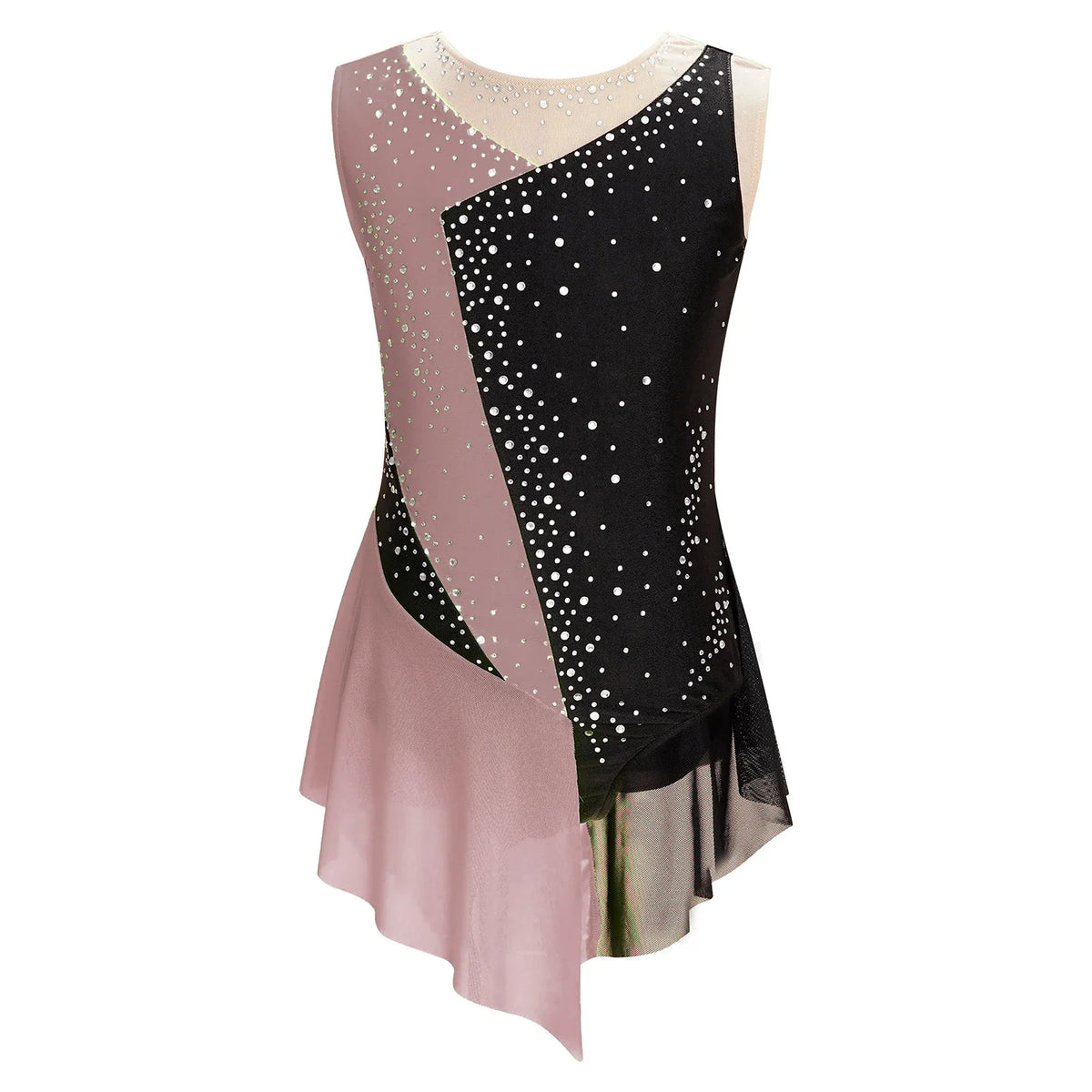 girls' Stretchy leotard - rhinestone mesh yoke, sleeveless, polyester, nylon, elastane, for lyrical dance performance