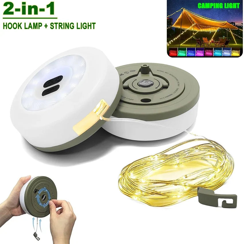 USB Battery-Powered Travel-Friendly Atmosphere Lantern Garden Tent Decor 2026 – 2-in-1 LED Reel Camping String Light