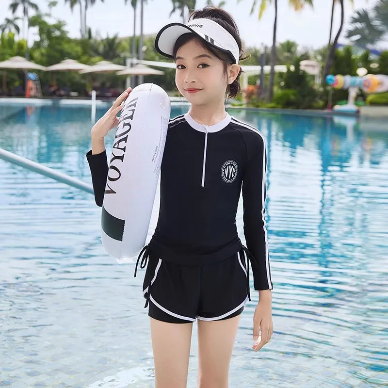 Fast-dry girls' two-piece swimsuit - zip-front rash guard top, nylon, for beach and pool
