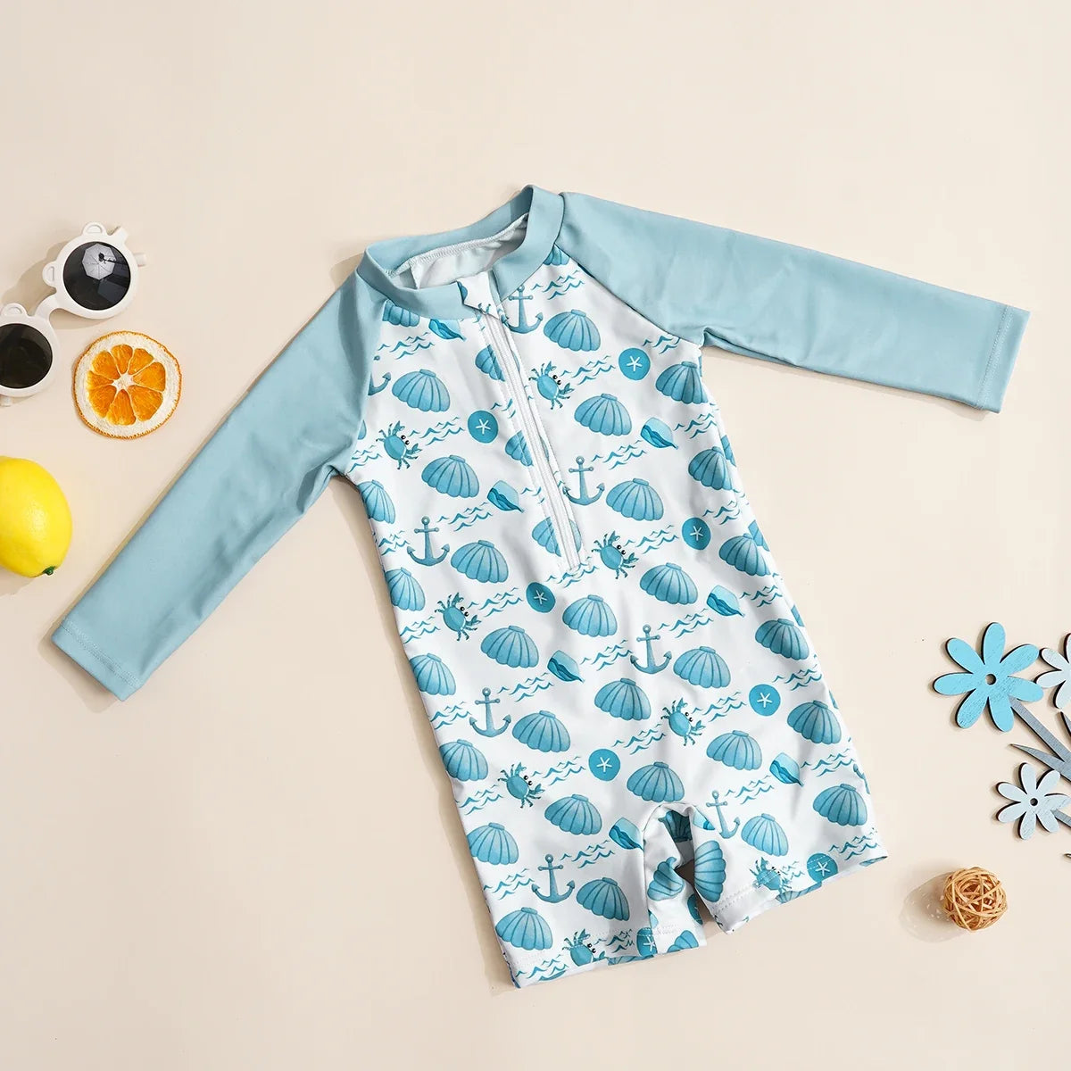Plush Unisex Baby One-Piece Swimsuit - Zip-Front, Long-Sleeve, Print Pattern, Polyester, Summer Beachwear
