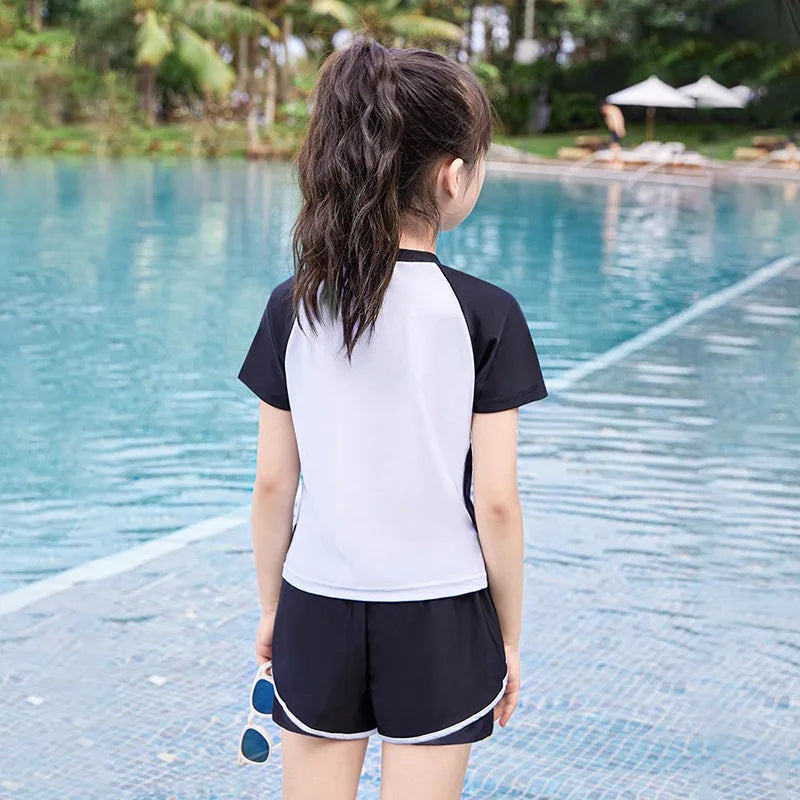 Fast-dry girls' two-piece swimsuit - zip-front rash guard top, nylon, for beach and pool