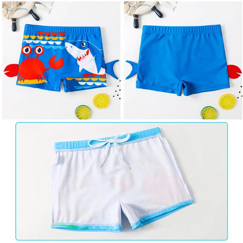 Fast-dry boys' swim shorts - cartoon crab and shark print 2pc set, polyester, for swimming and beach days