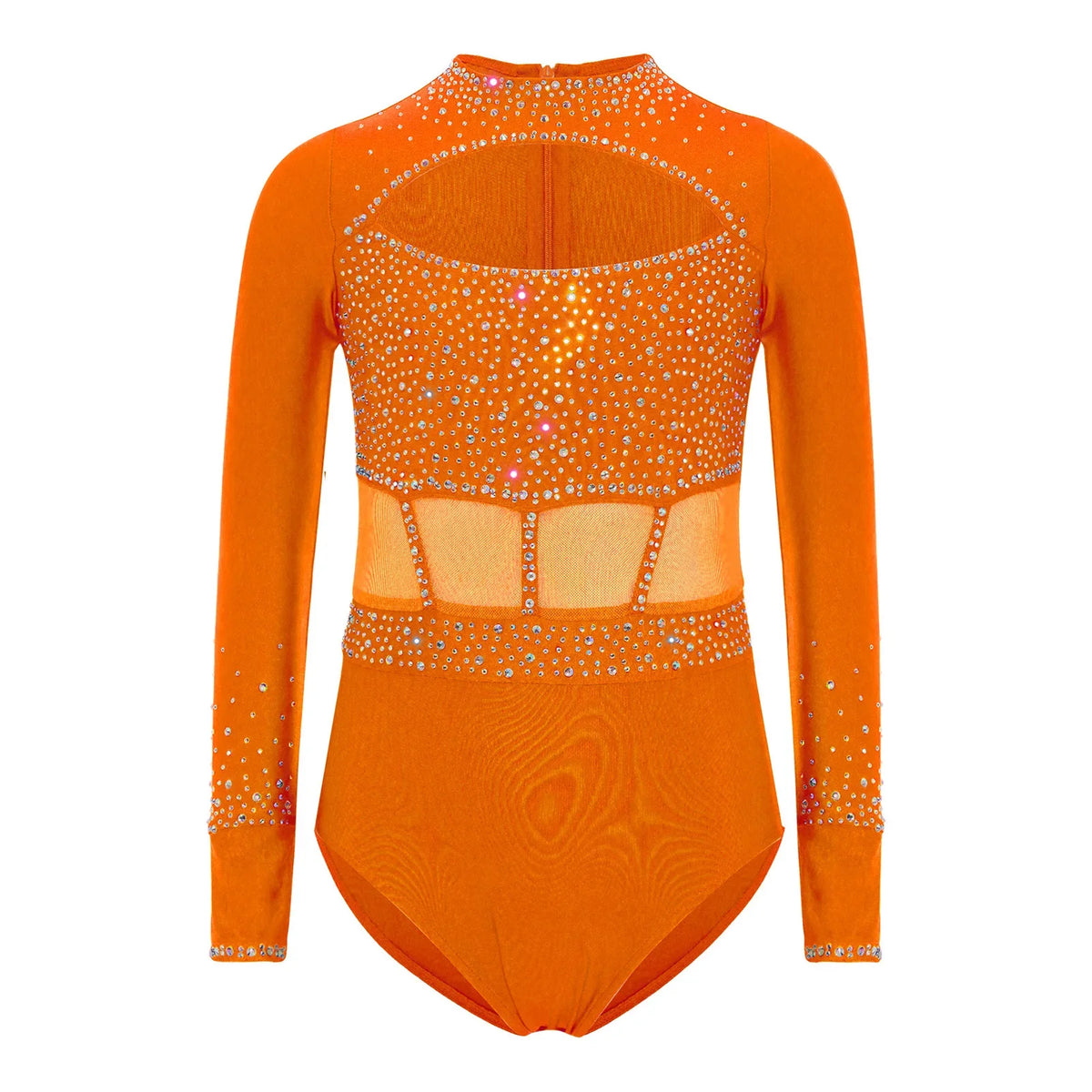 Girls' Stretchy Leotard - flattering, rhinestone-detailed, long-sleeve, mesh-panel, polyester elastane, for gymnastics