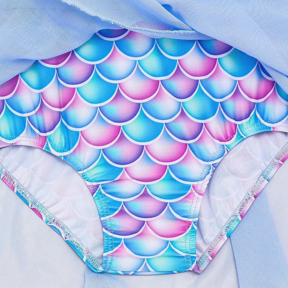 Mermaid-Scale Print, Ruffle Sleeves, Tulle, Polyester Elastane, Beach – Fast-Dry Sturdy Girls' One-Piece Swimsuit