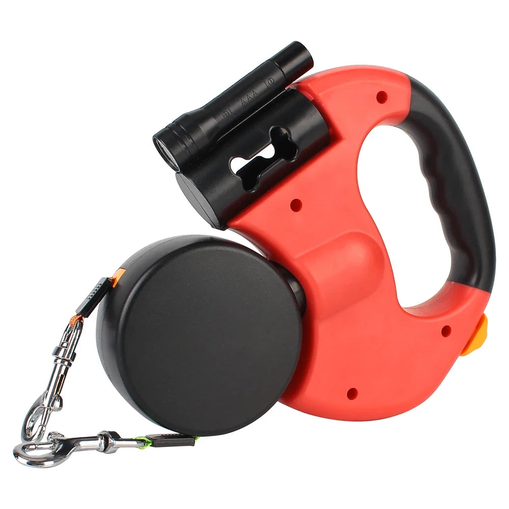 Dog Dual Leash 3m Retractable with Flashlight & Waste Bag Box, Auto-Extend Traction Rope