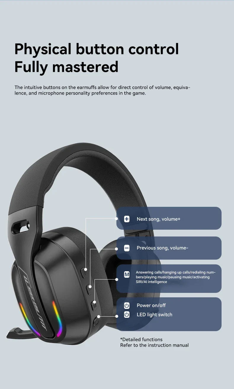 Gaming Headset Bluetooth 5.4 Cordless RGB Low Latency