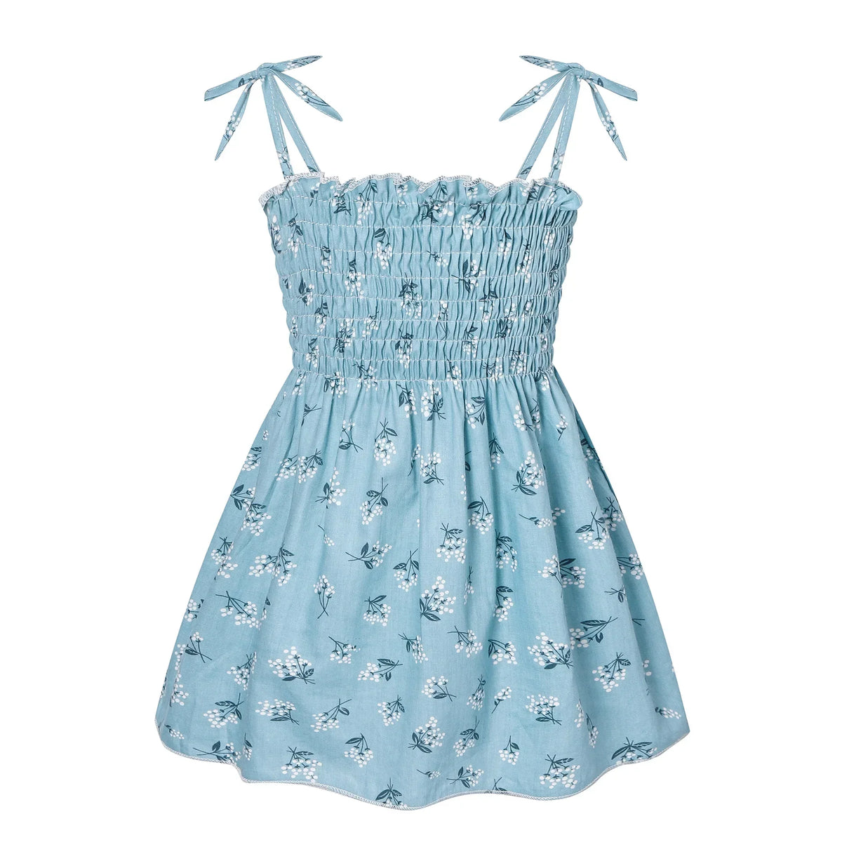 Plush girls' floral sundress - smocked bodice, polyester, for casual beach party