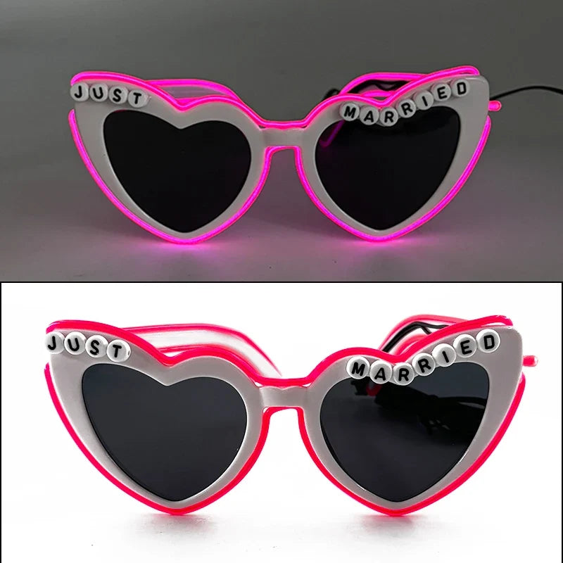Married Just LED Flashing Sunglasses - Bachelorette Party Wedding Pink Heart Glasses