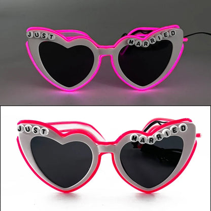 Married Just LED Flashing Sunglasses - Bachelorette Party Wedding Pink Heart Glasses