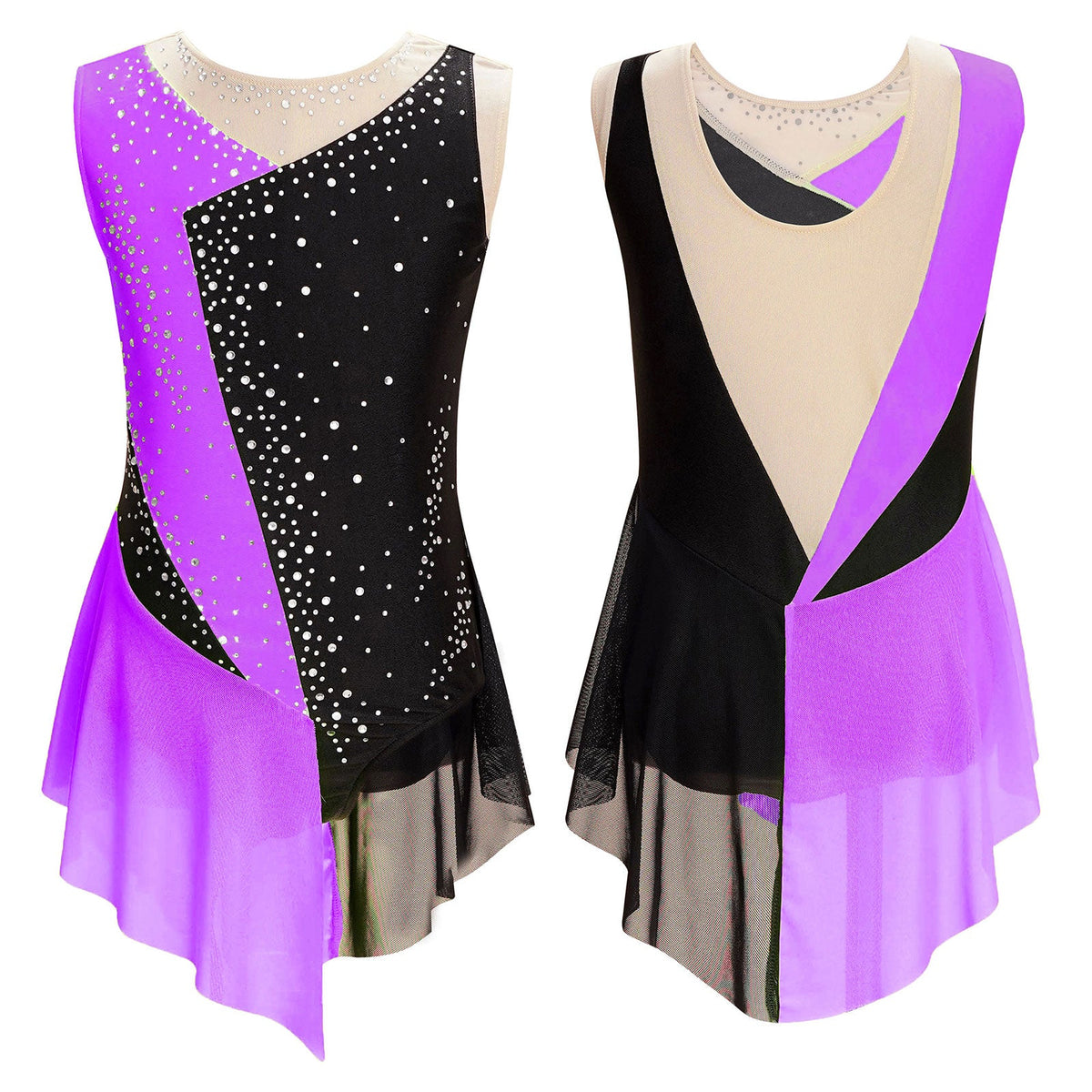 girls' Stretchy leotard - rhinestone mesh yoke, sleeveless, polyester, nylon, elastane, for lyrical dance performance