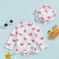Plush Girls' Rash Guard Swimsuit Kit - Zip-Up, Floral Print, Polyester, With Hat, For Summer Beach And Pool