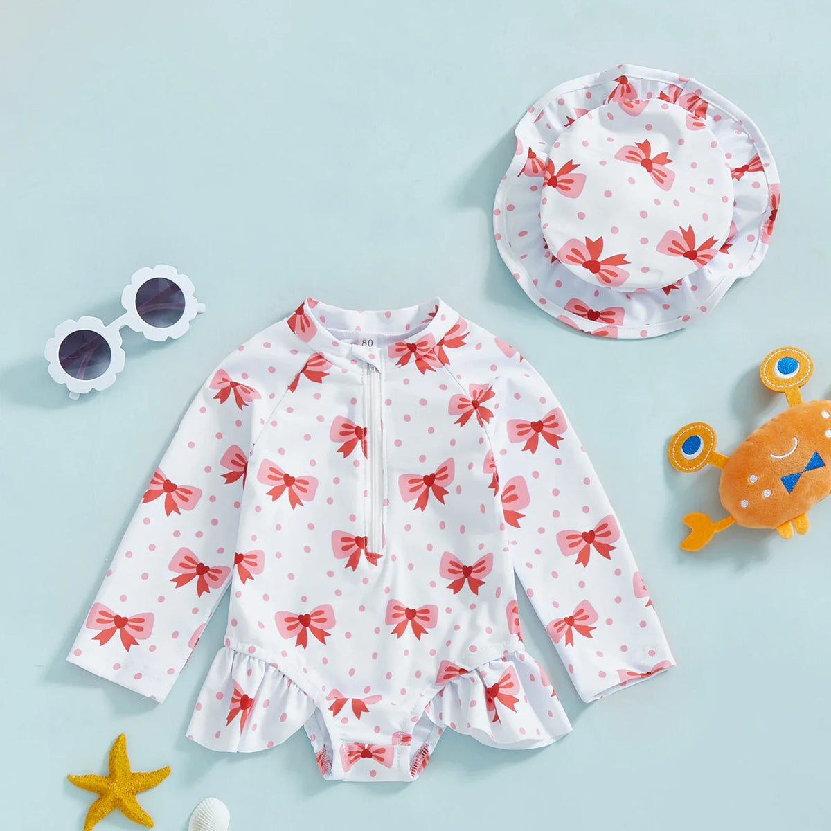 Plush Girls' Rash Guard Swimsuit Kit - Zip-Up, Floral Print, Polyester, With Hat, For Summer Beach And Pool