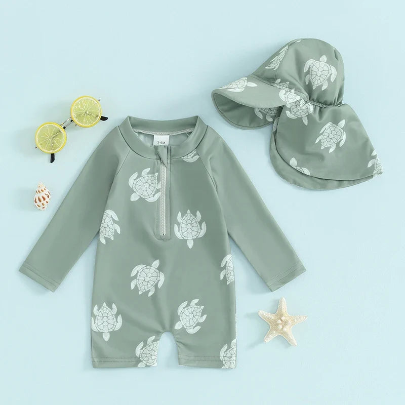 Light Toddler Boys Rash Guard Swimsuit - Long Sleeve, Turtle Print, Polyester, Beachwear