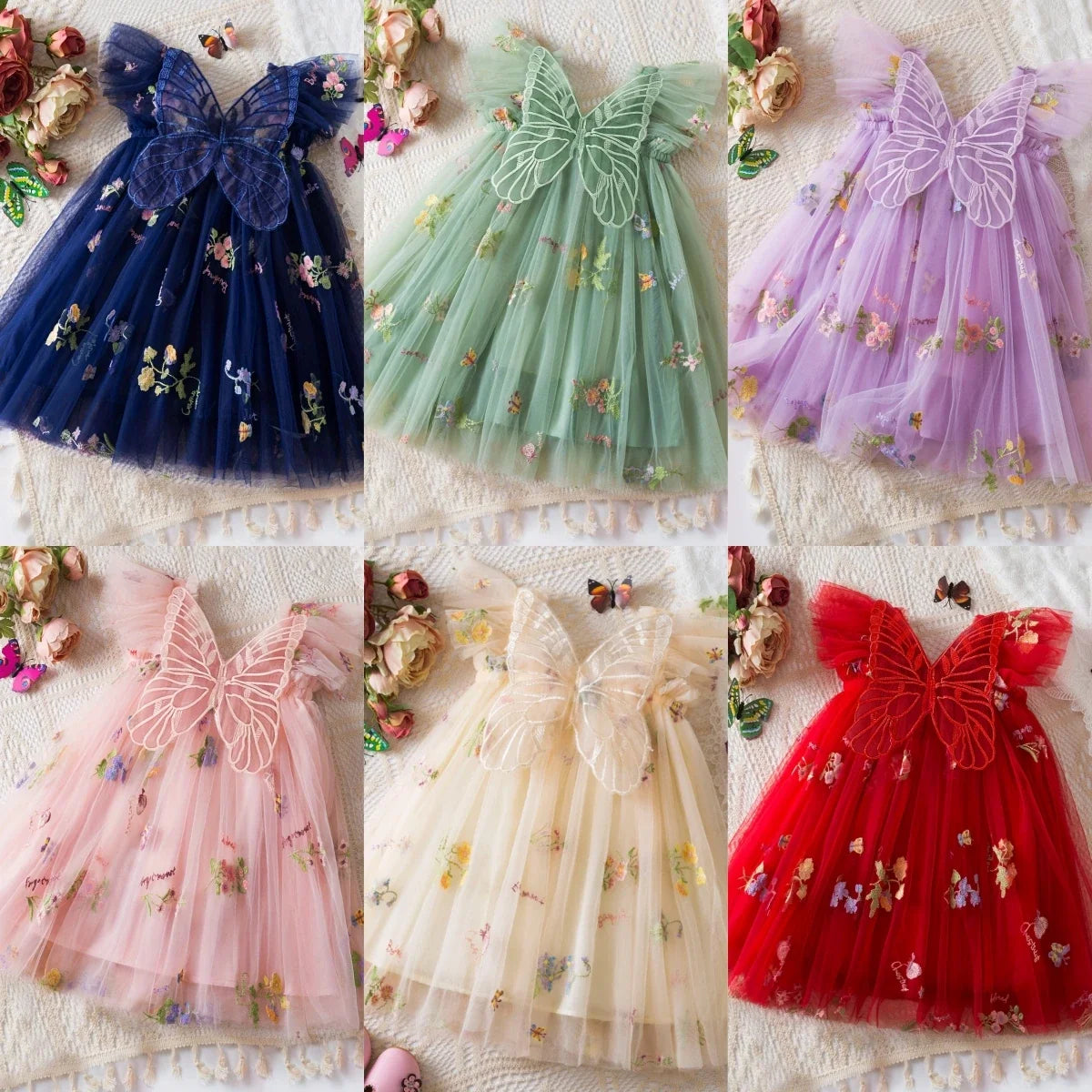 Light flowy girls' dress - knee-length tulle, floral print, polyester, for weddings