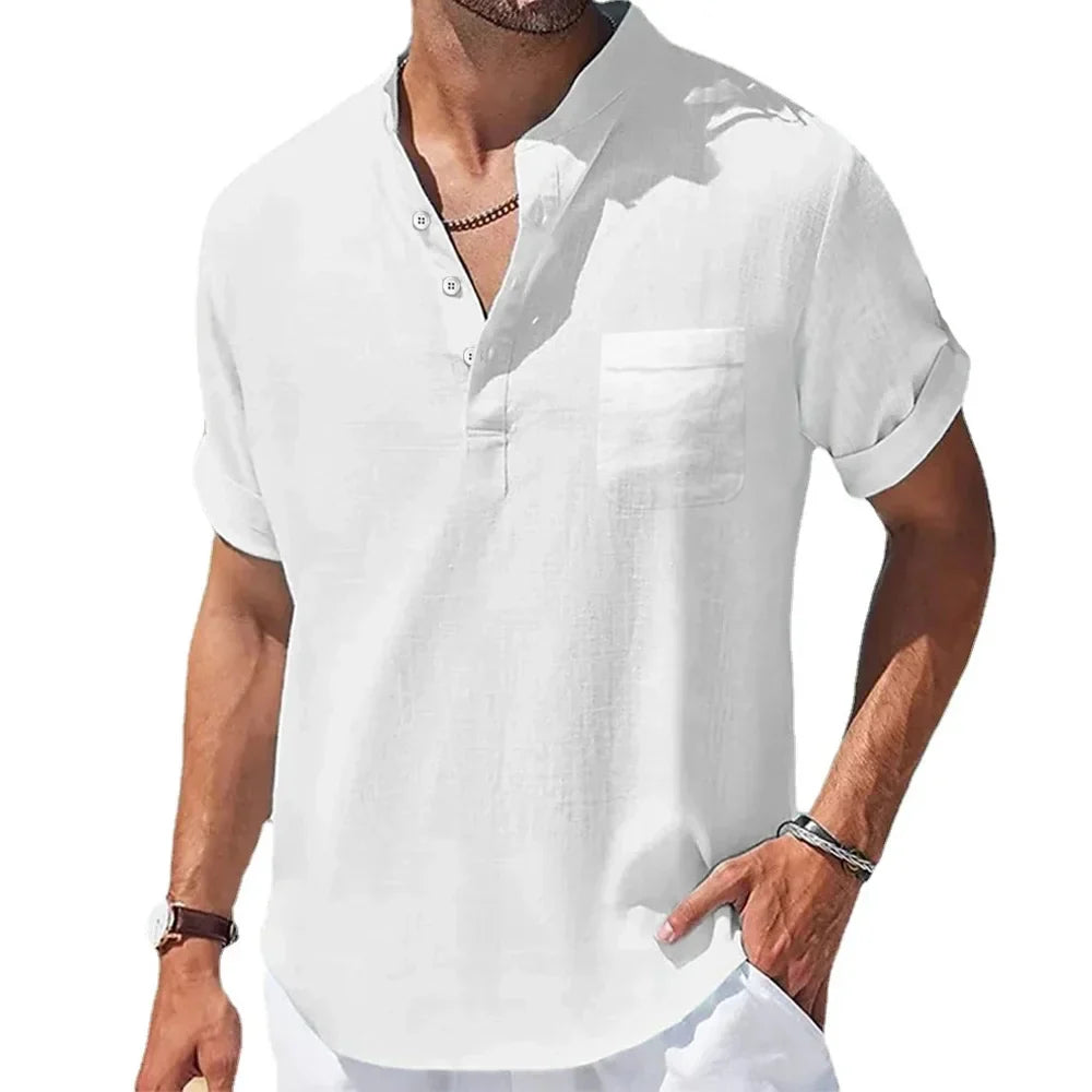 Men's Summer Shirt, Breathable Cotton and Linen Blend with Henry Collar, Lightweight and Casual Fit-5